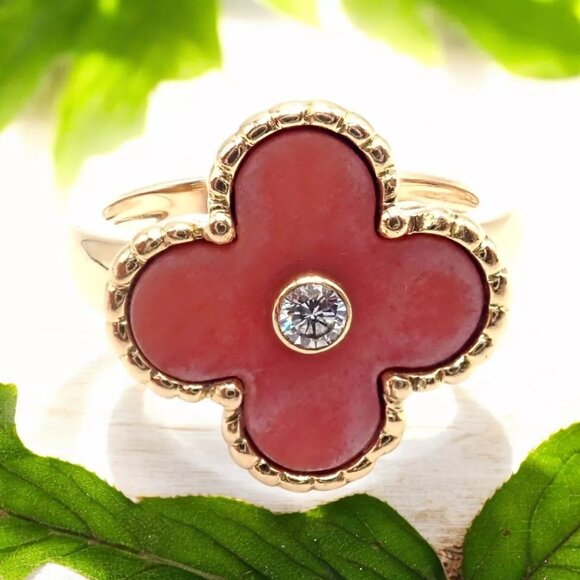 Authentic! Van Cleef & Arpels Alhambra 18k Yellow Gold Coral Diamond Ring PaperA - Picture 2 of 10